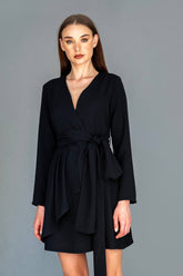 Classic Black Wrap Dress with Long Sleeves and Waist Tie for Elegant Occasions